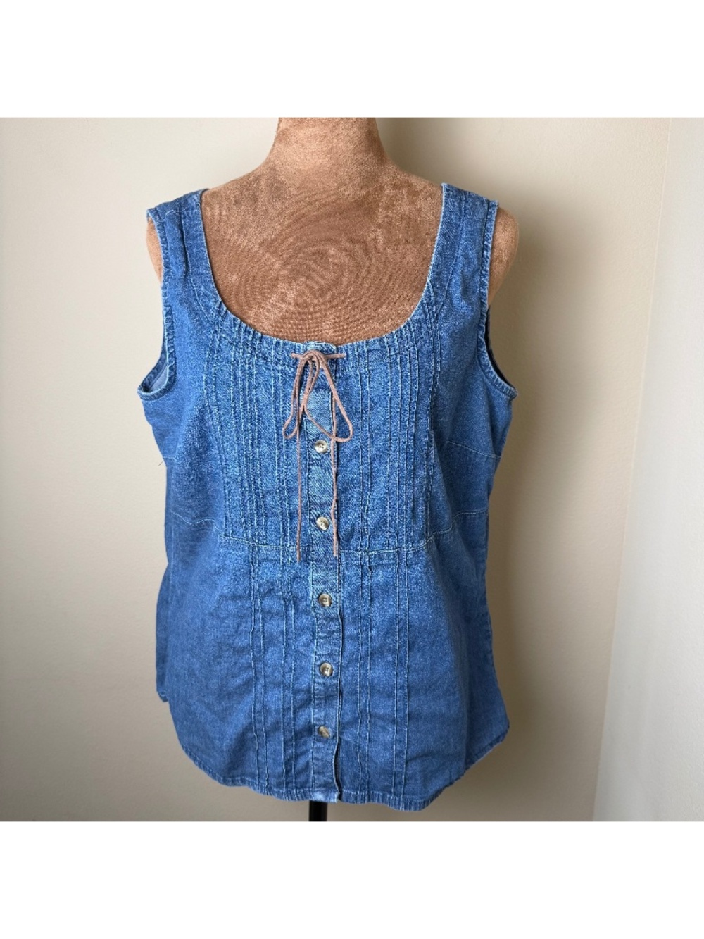 Vintage 90s Y2K Denim Tank Top Womens Large Faded Glory Prairie Cottage Boho
